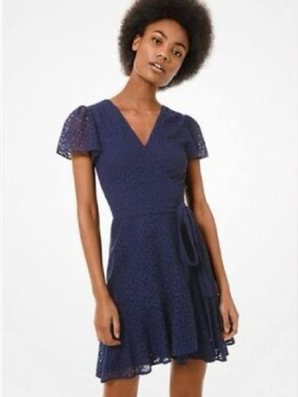 MICHAEL KORS Navy Eyelet Wrap Dress with Self Tie (S)